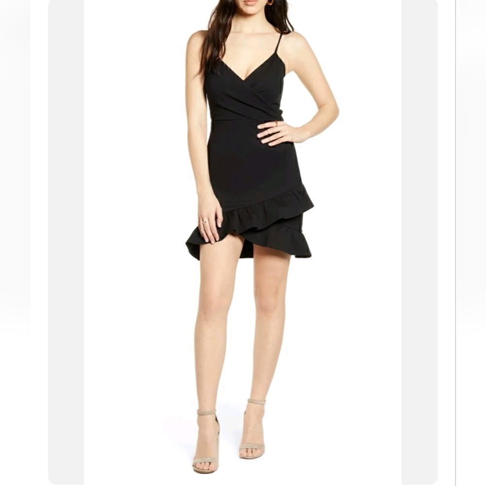 Lulu's Sealed With a Kiss Black Bodycon Wrapping Ruffle Dress Size S